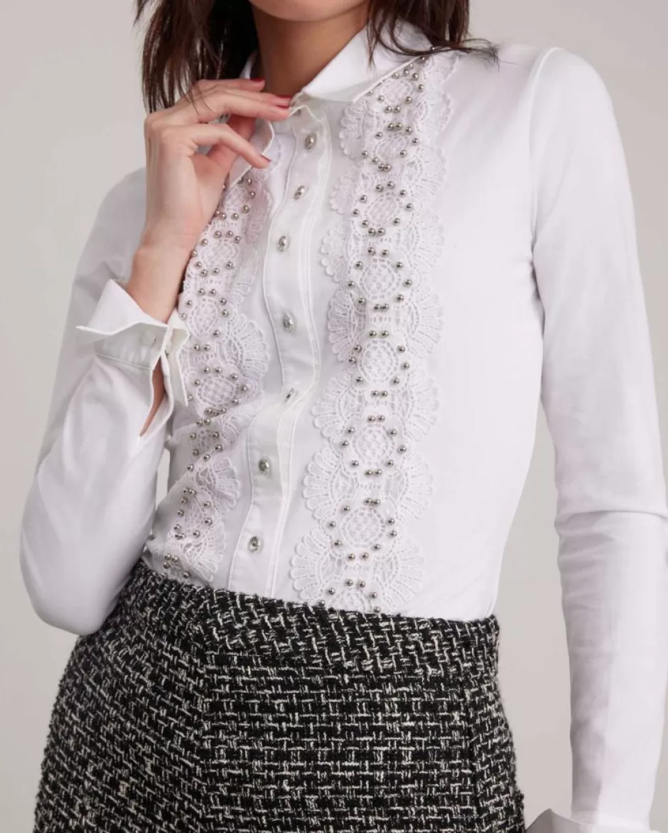 Anne Fontaine The White Shirt*Long Sleeve Jersey Knit Shirt With Lace Applique And Silver Beads White