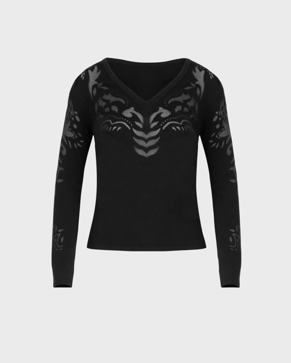 Anne Fontaine Knitwear*Long Sleeve Knit Top With Transparent Design Black