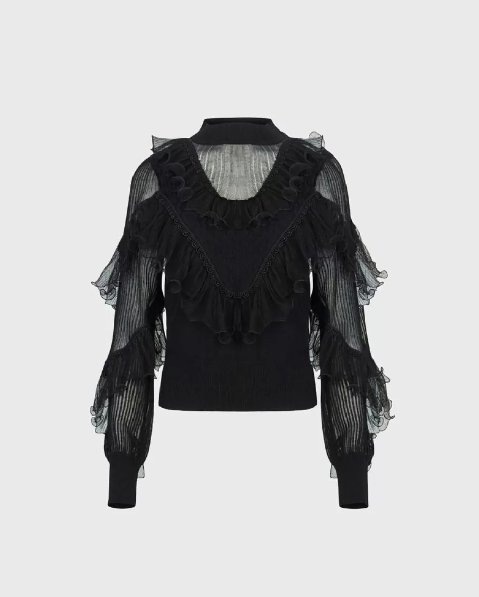 Anne Fontaine Tops*Long Sleeve Knit With Sheer Details & Cascading Ruffles Black