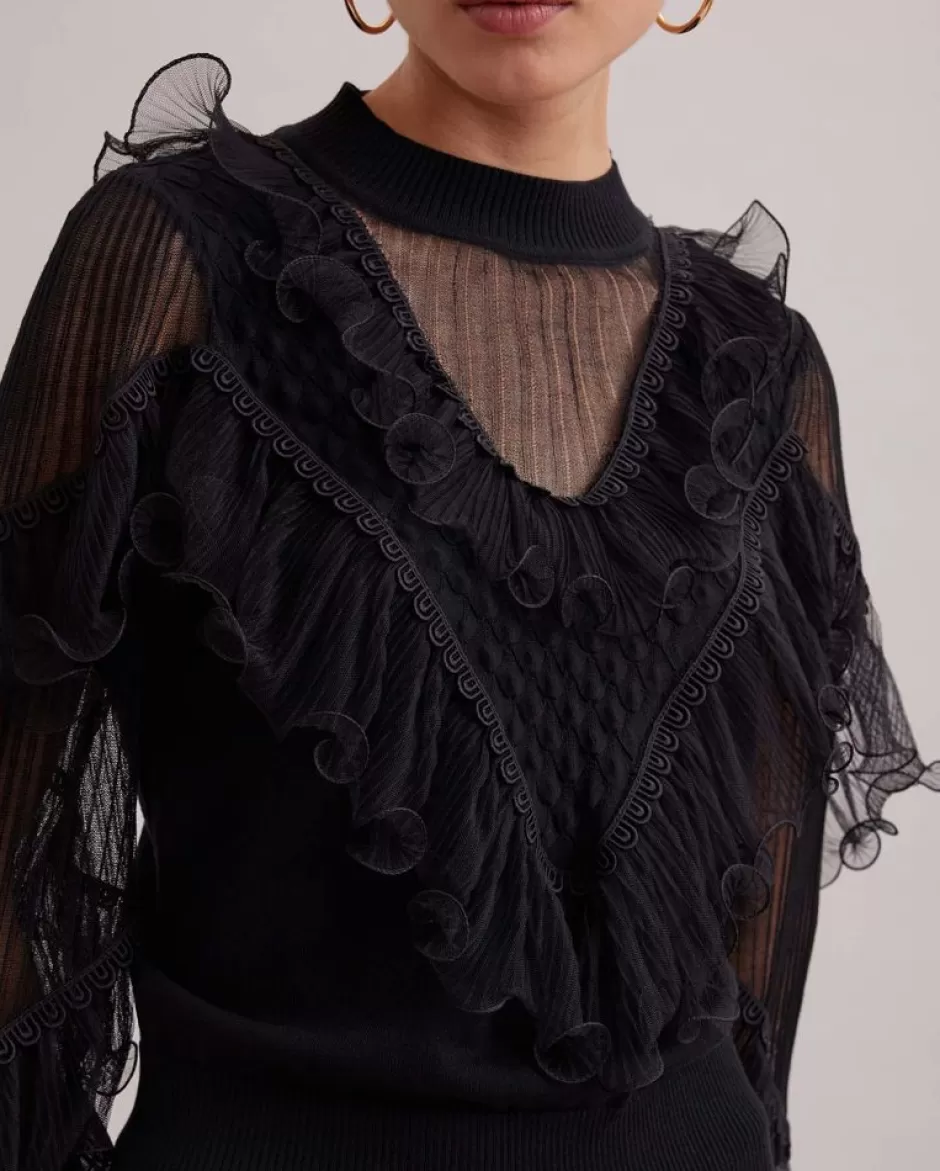 Anne Fontaine Tops*Long Sleeve Knit With Sheer Details & Cascading Ruffles Black