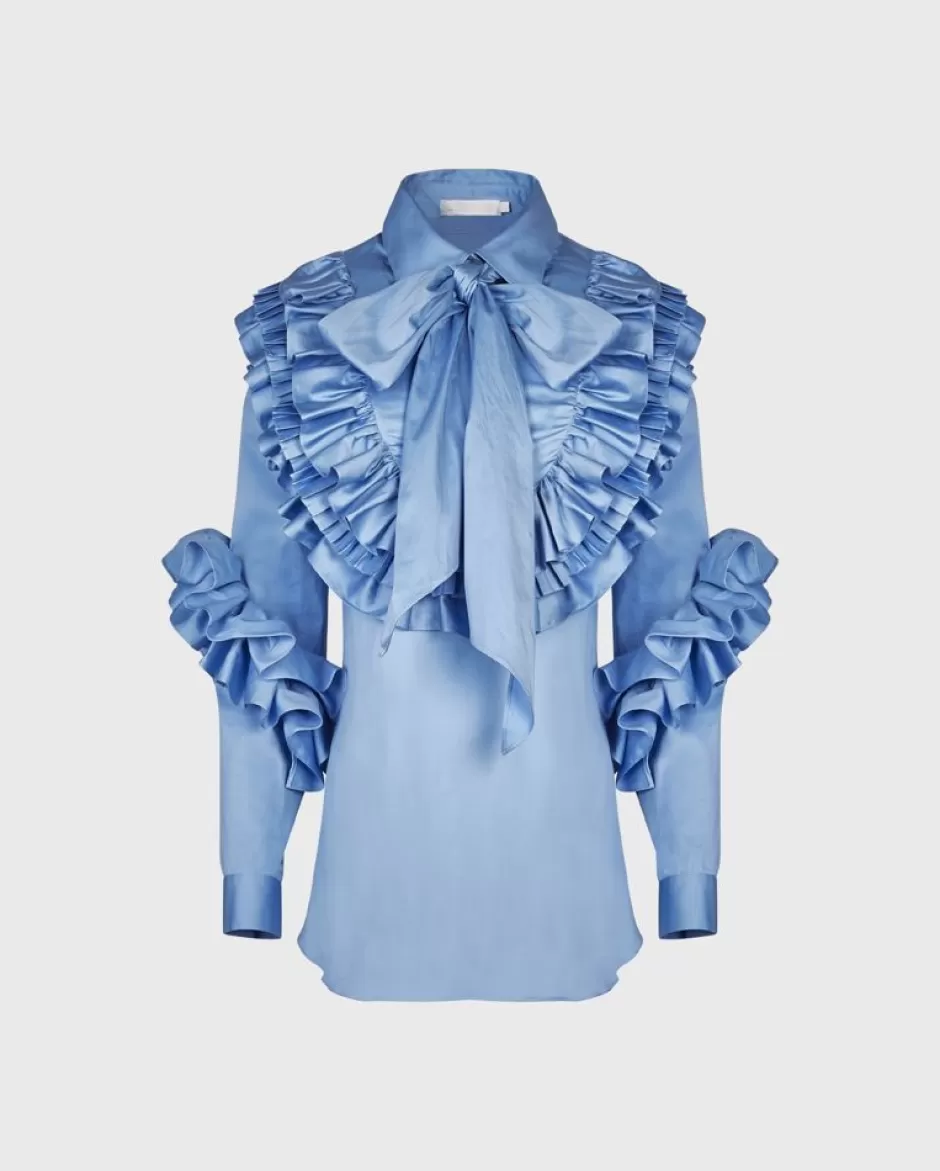 Anne Fontaine Shirts & Blouses*Long Sleeve Light Poplin Shirt With Multiple Pleated Ruffles And Removable Necktie Blue