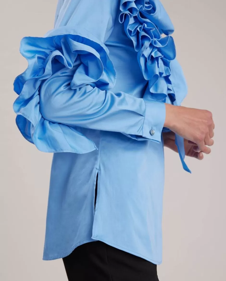 Anne Fontaine Shirts & Blouses*Long Sleeve Light Poplin Shirt With Multiple Pleated Ruffles And Removable Necktie Blue