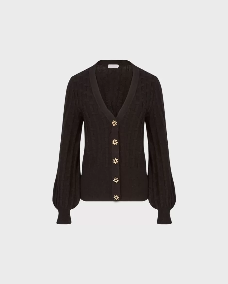 Anne Fontaine Knitwear*Long Sleeve Ribbed V-Neck Cardigan With Gold Embellished Buttons Black