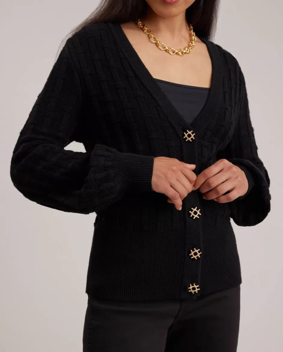 Anne Fontaine Knitwear*Long Sleeve Ribbed V-Neck Cardigan With Gold Embellished Buttons Black