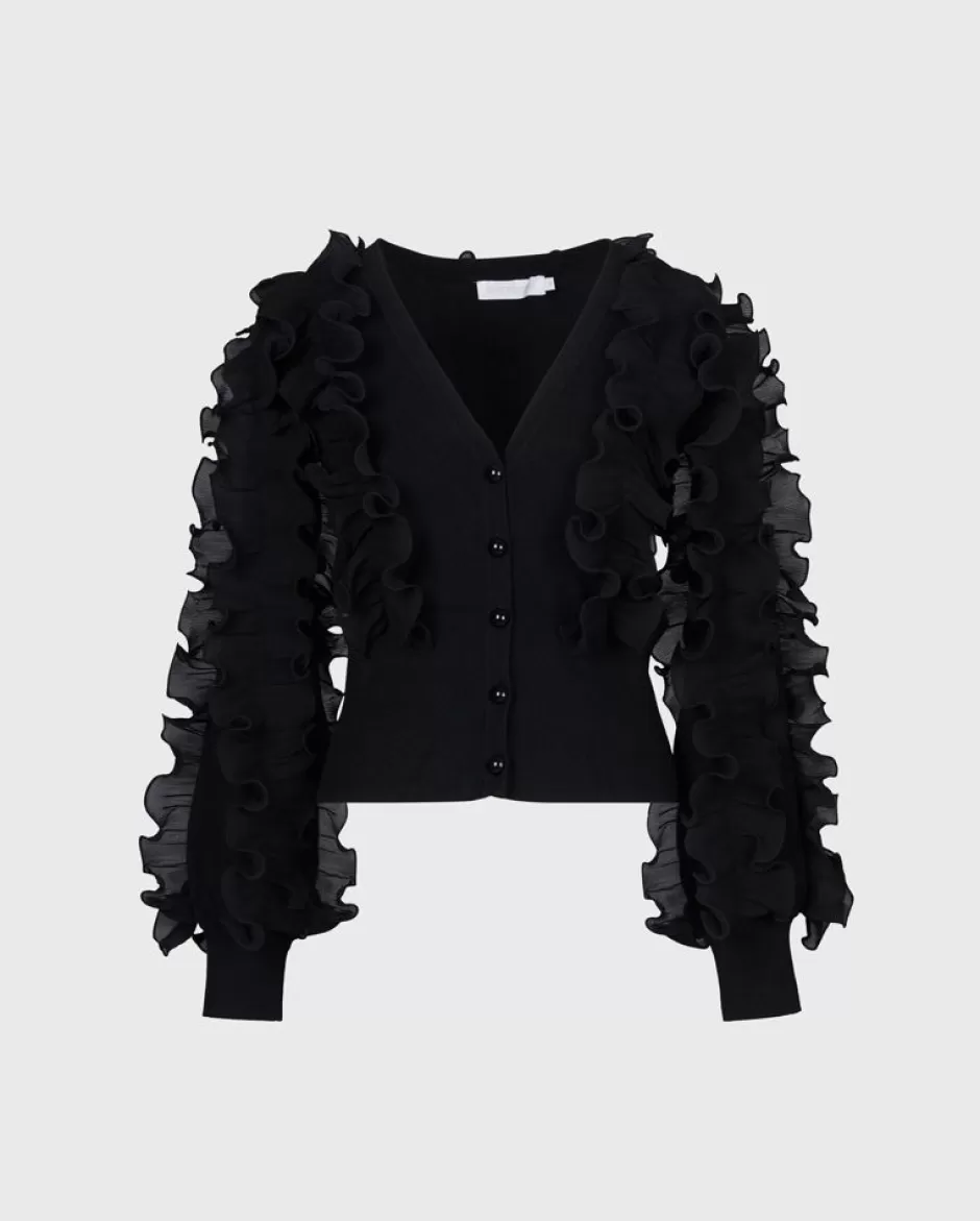 Anne Fontaine Knitwear*Long Sleeve Ruffle Cardigan Black