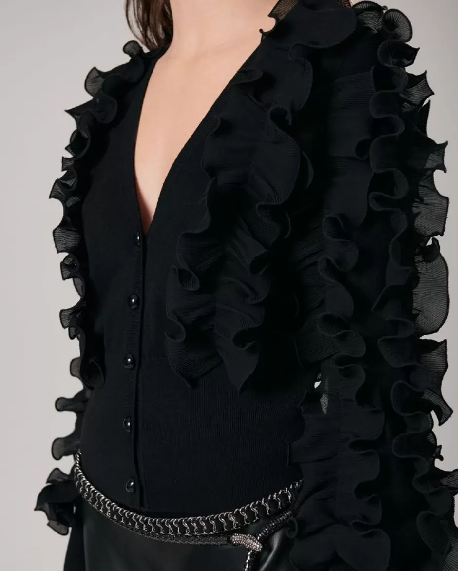 Anne Fontaine Knitwear*Long Sleeve Ruffle Cardigan Black