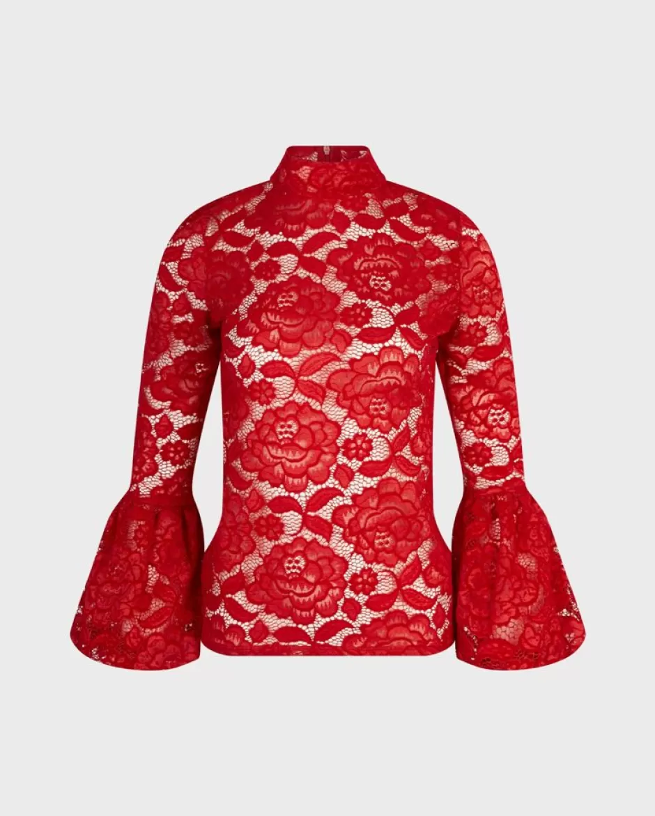 Anne Fontaine Tops*Long Sleeve Semi Sheer Lace Pullover With Mock Neck Poppy Red