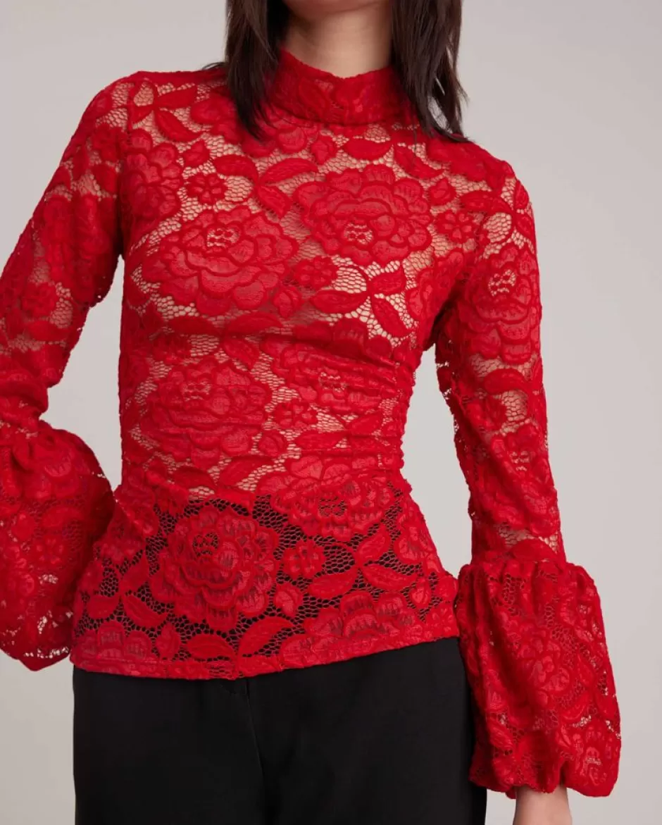 Anne Fontaine Tops*Long Sleeve Semi Sheer Lace Pullover With Mock Neck Poppy Red