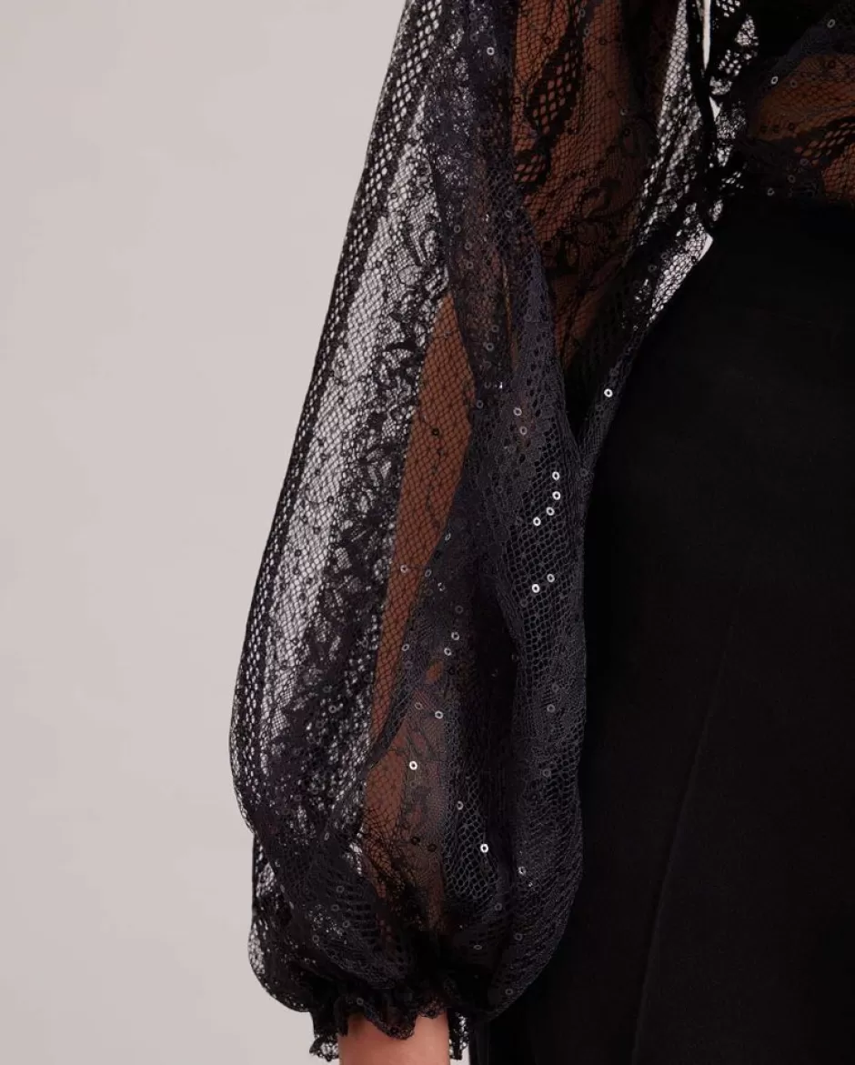 Anne Fontaine Shirts & Blouses*Long Sleeve Sheer Lace Top With Horizontal Lattice Black