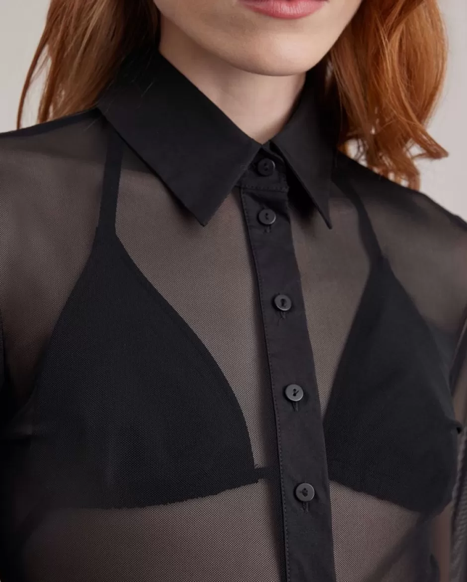 Anne Fontaine Shirts & Blouses*Long Sleeve Sheer Mesh Shirt Black