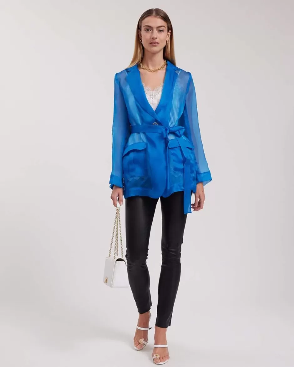 Anne Fontaine Jackets & Coats*Long Sleeve Sheer Silk Tuxedo Jacket With Waist Tie Belt Blue