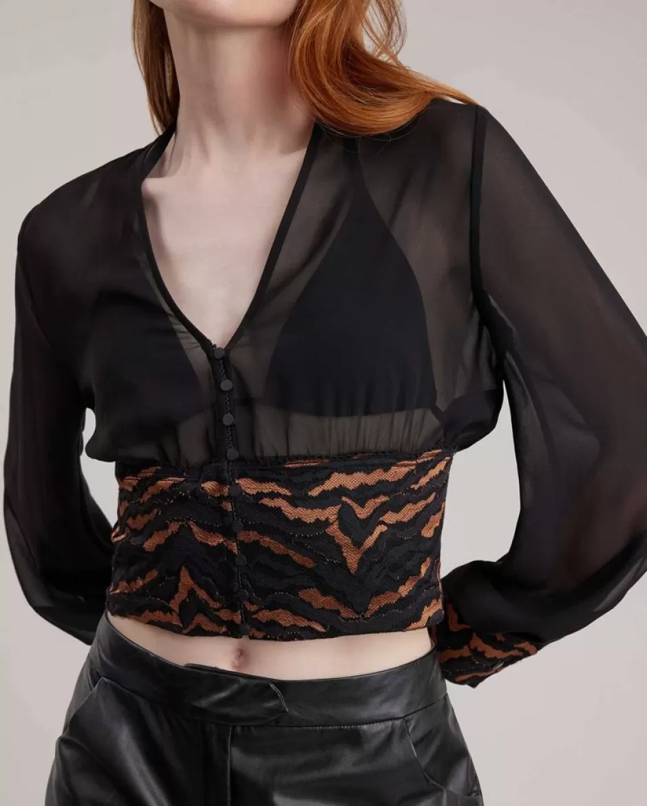 Anne Fontaine Shirts & Blouses*Long Sleeve Sheer Top With V-Neckline And Satin Buttons Black