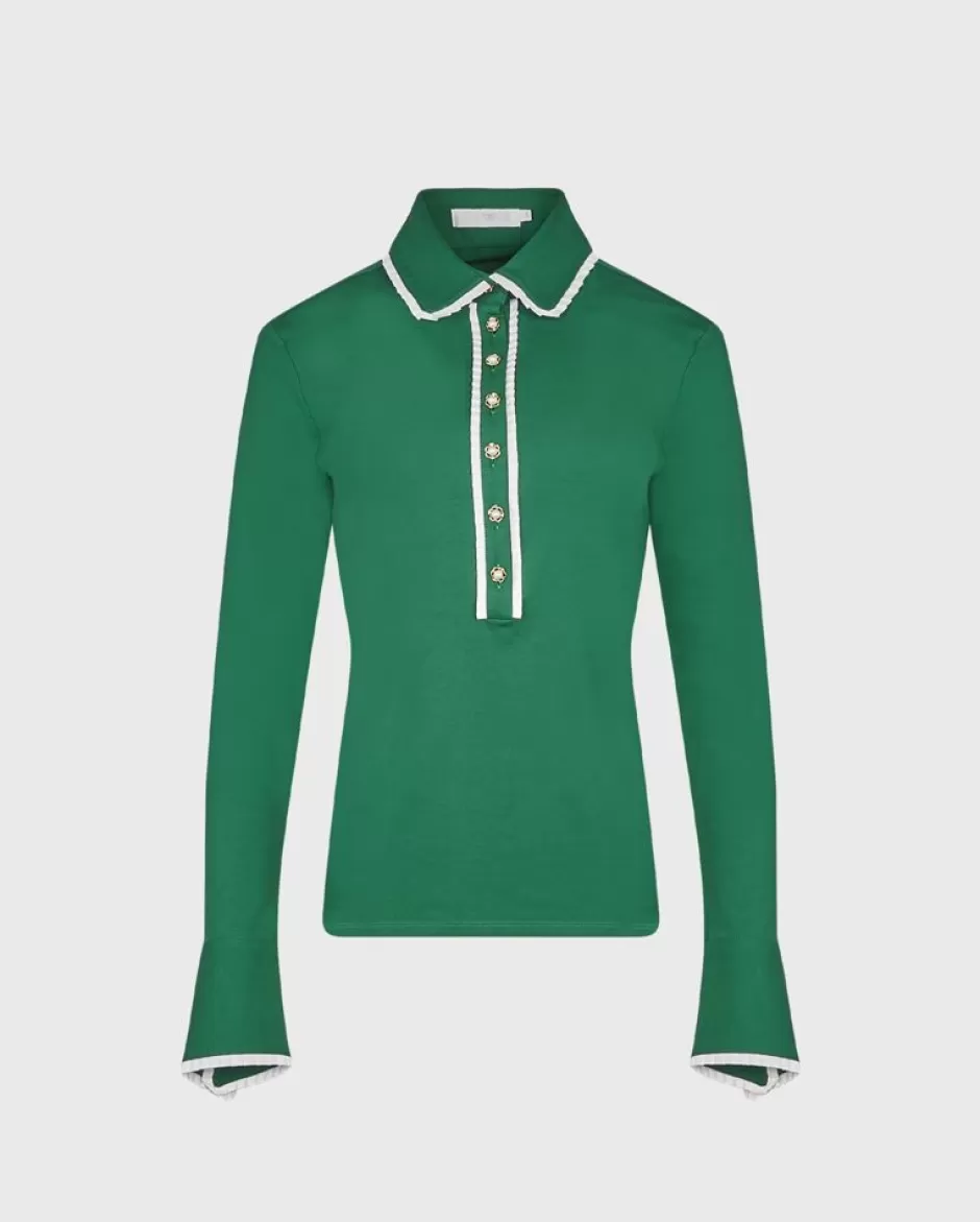 Anne Fontaine Shirts & Blouses*Long Sleeve Shirt With White Ruffle Detail Trims And Pearl Buttons Green