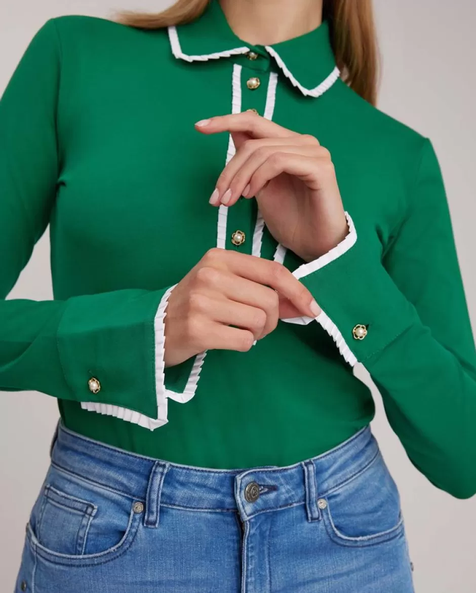 Anne Fontaine Shirts & Blouses*Long Sleeve Shirt With White Ruffle Detail Trims And Pearl Buttons Green