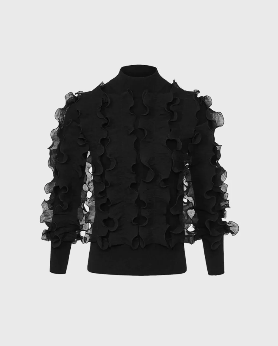 Anne Fontaine Knitwear*Long Sleeve Sweater With Pleated Ruffles Black