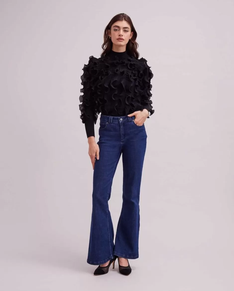 Anne Fontaine Knitwear*Long Sleeve Sweater With Pleated Ruffles Black