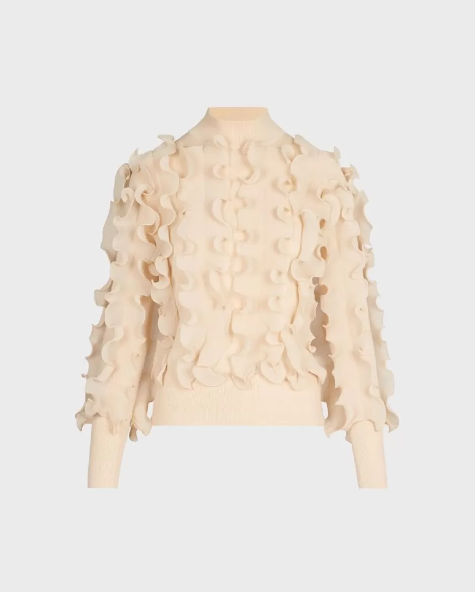 Anne Fontaine Knitwear*Long Sleeve Sweater With Pleated Ruffles In Sand