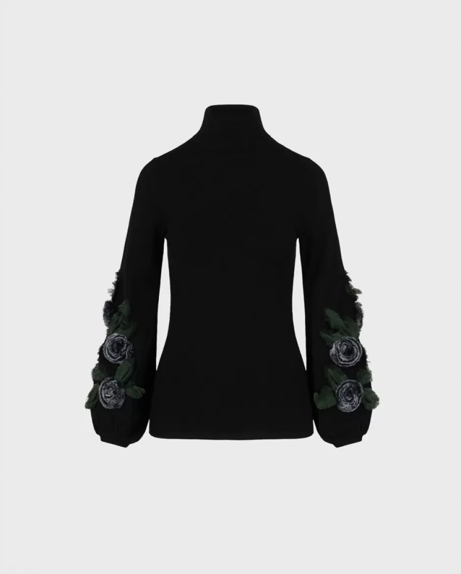 Anne Fontaine Knitwear*Long Sleeve Turtleneck With And White Floral Appliques Black