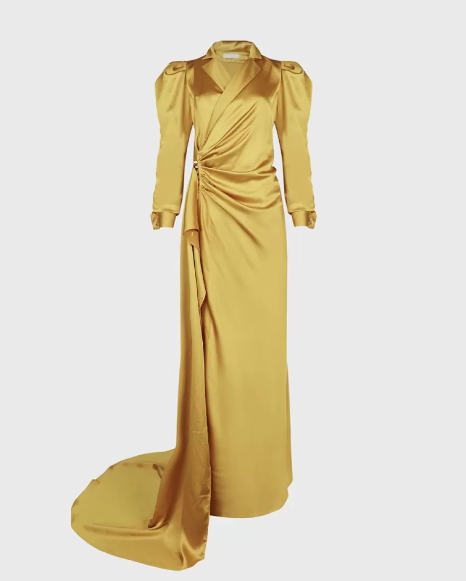 Anne Fontaine Dresses*Long Sleeve Tuxedo Style Wrap Dress With Train Gold