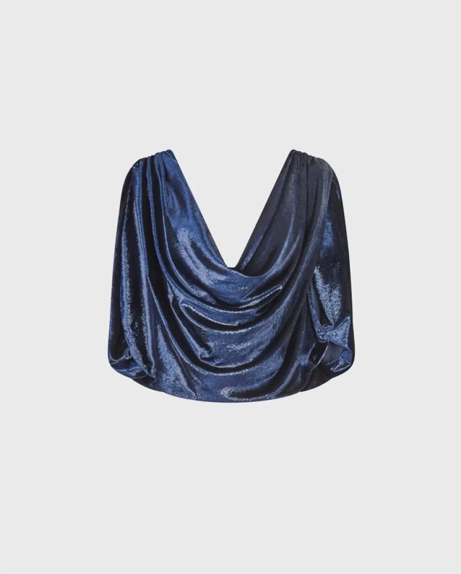 Anne Fontaine Shirts & Blouses*Metallic Blue Cowl Neck Top Dark Navy