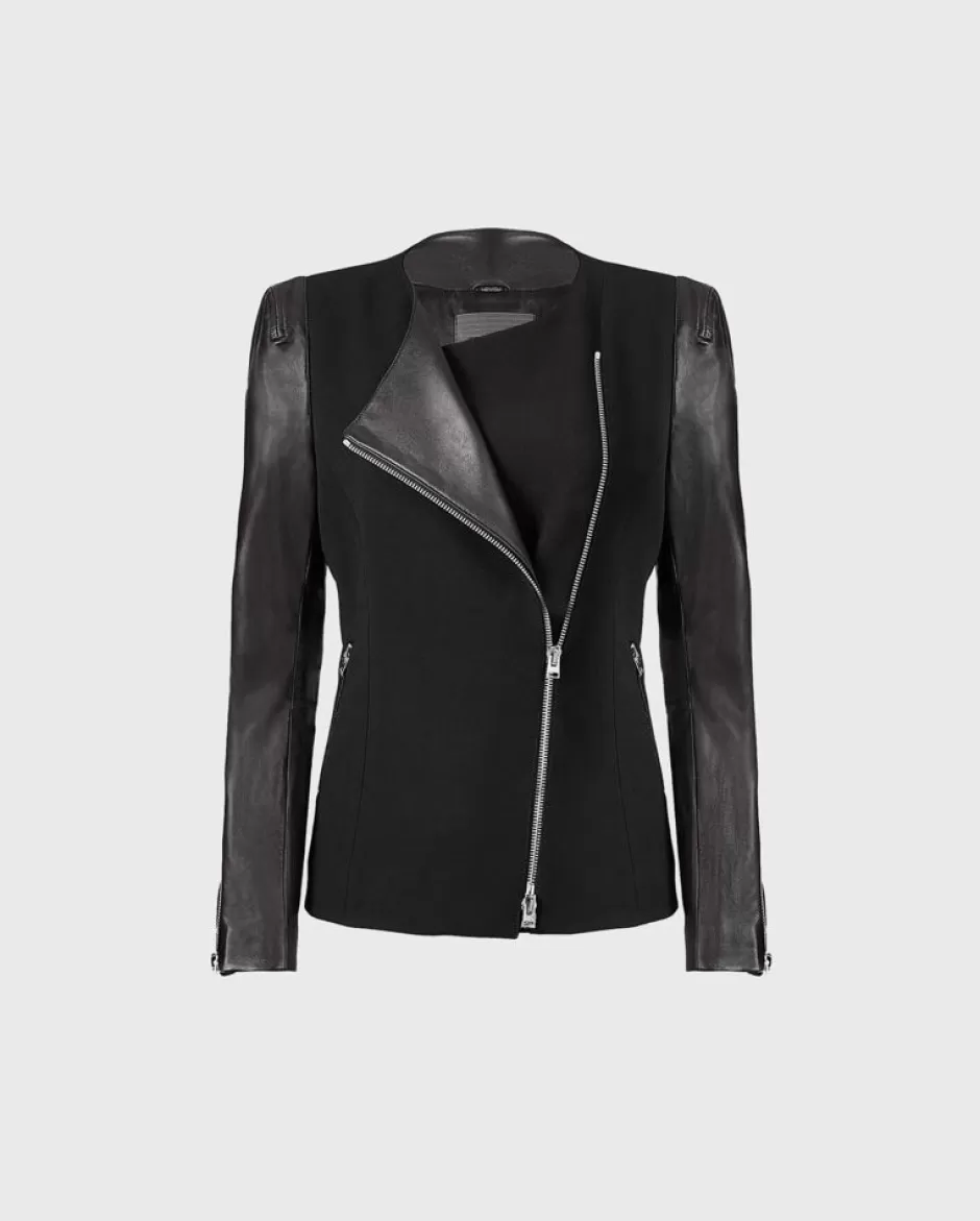 Anne Fontaine Jackets & Coats*Motorcycle Style Bi-Material Jacket Black