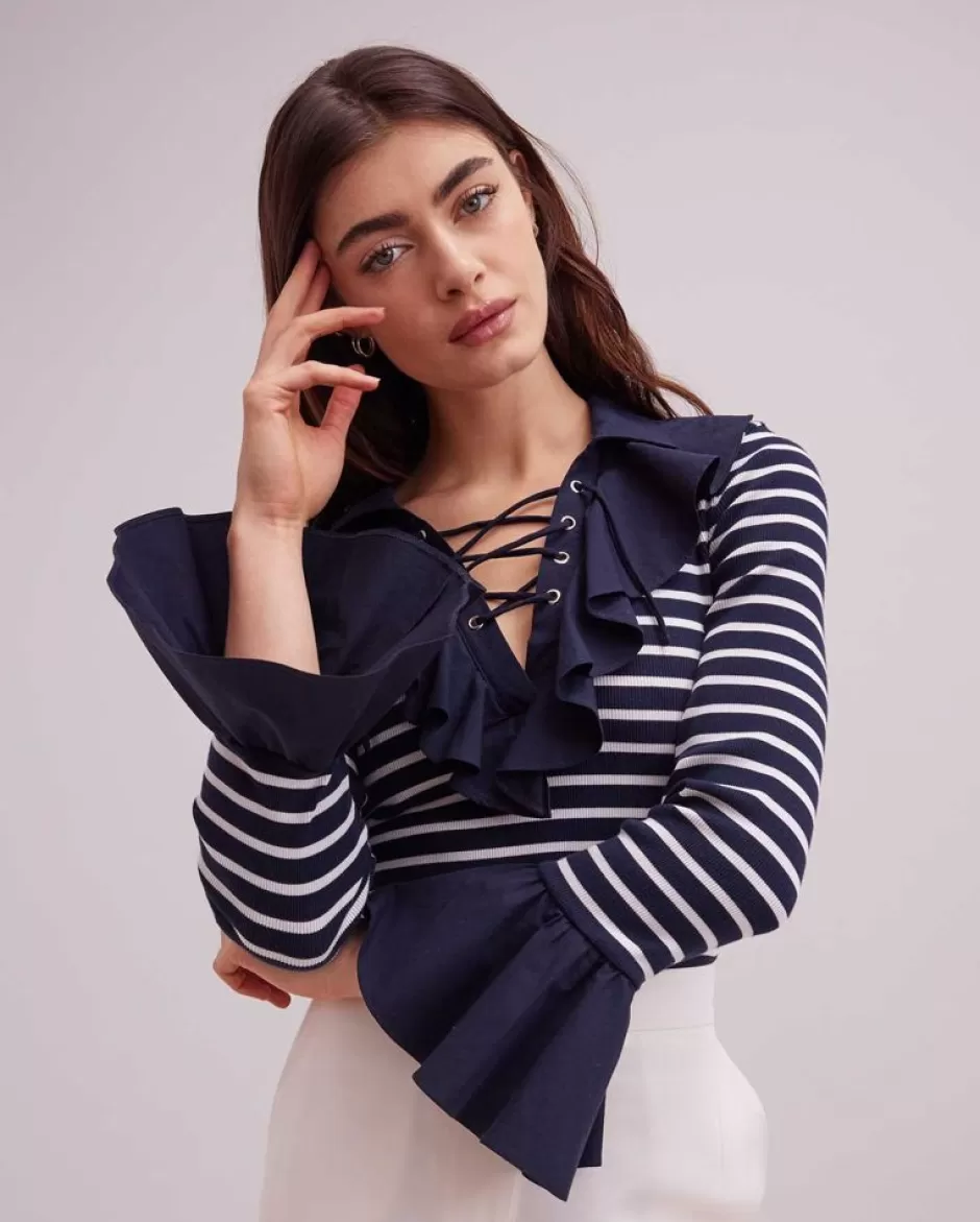 Anne Fontaine Knitwear*Navy And White Striped Knit With Ruffle Collar And Cuffs Dark Navy