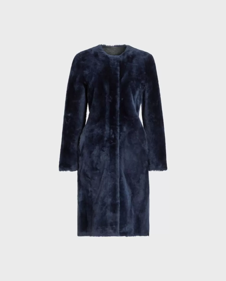 Anne Fontaine Jackets & Coats*Navy Mid-Length Reversible Fur Coat With Side In Leather Dark Navy