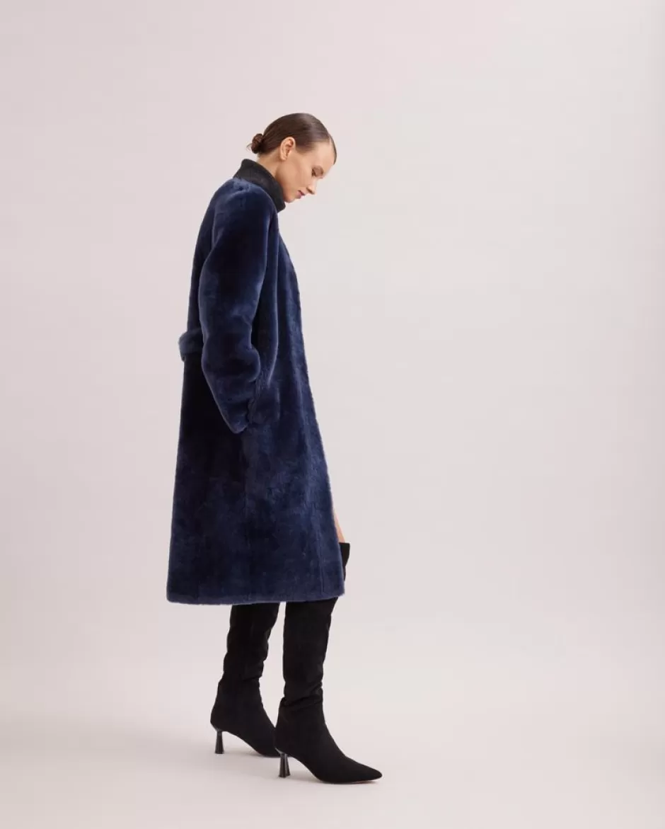 Anne Fontaine Jackets & Coats*Navy Mid-Length Reversible Fur Coat With Side In Leather Dark Navy