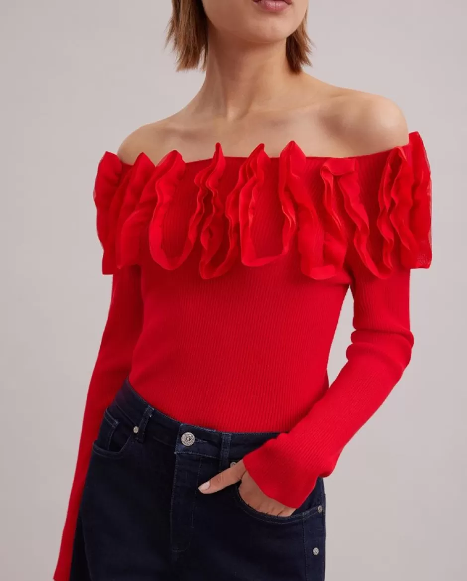 Anne Fontaine Knitwear*Off-Shoulder Knit Top With Embellished Ruffles White