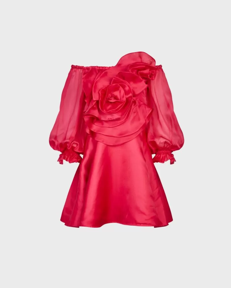 Anne Fontaine Dresses*Off-The-Shoulder Silk Organza Dress With Large 3D Rose Fuchsia