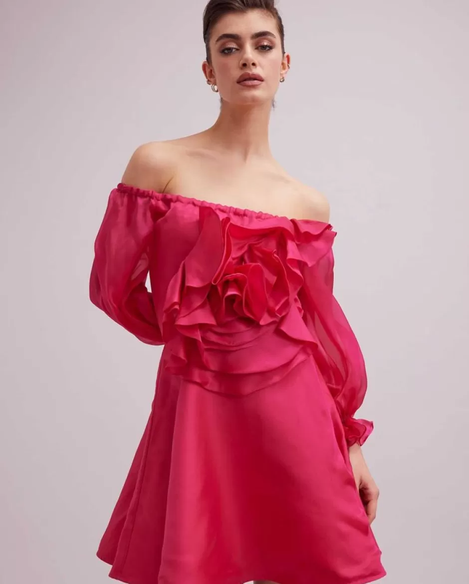 Anne Fontaine Dresses*Off-The-Shoulder Silk Organza Dress With Large 3D Rose Fuchsia