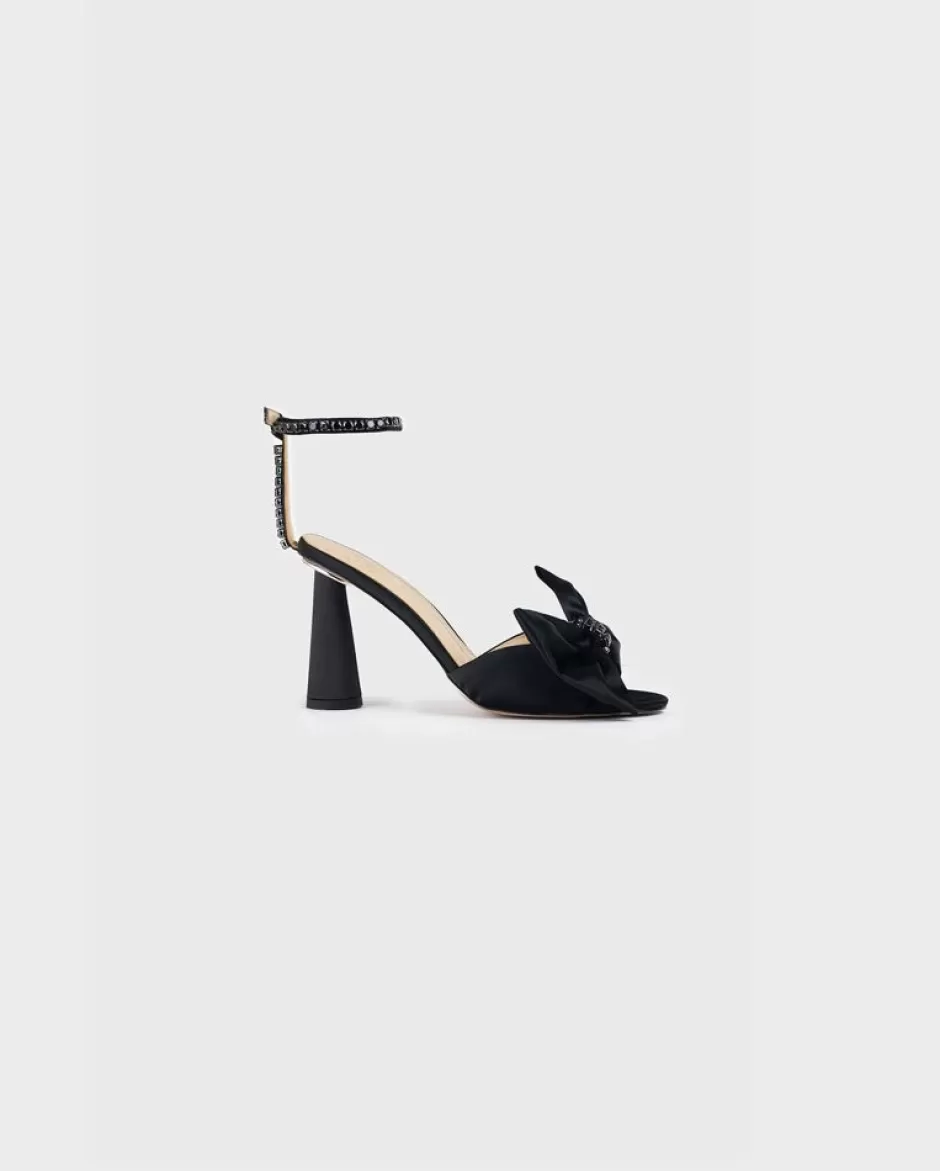 Anne Fontaine Heels*Open Toe Heel With Crystal Bow And Ankle Strap Black