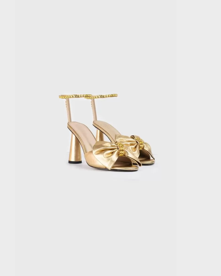 Anne Fontaine Heels*Open Toe Heels With Ankle Straps & Crystal Bow Gold