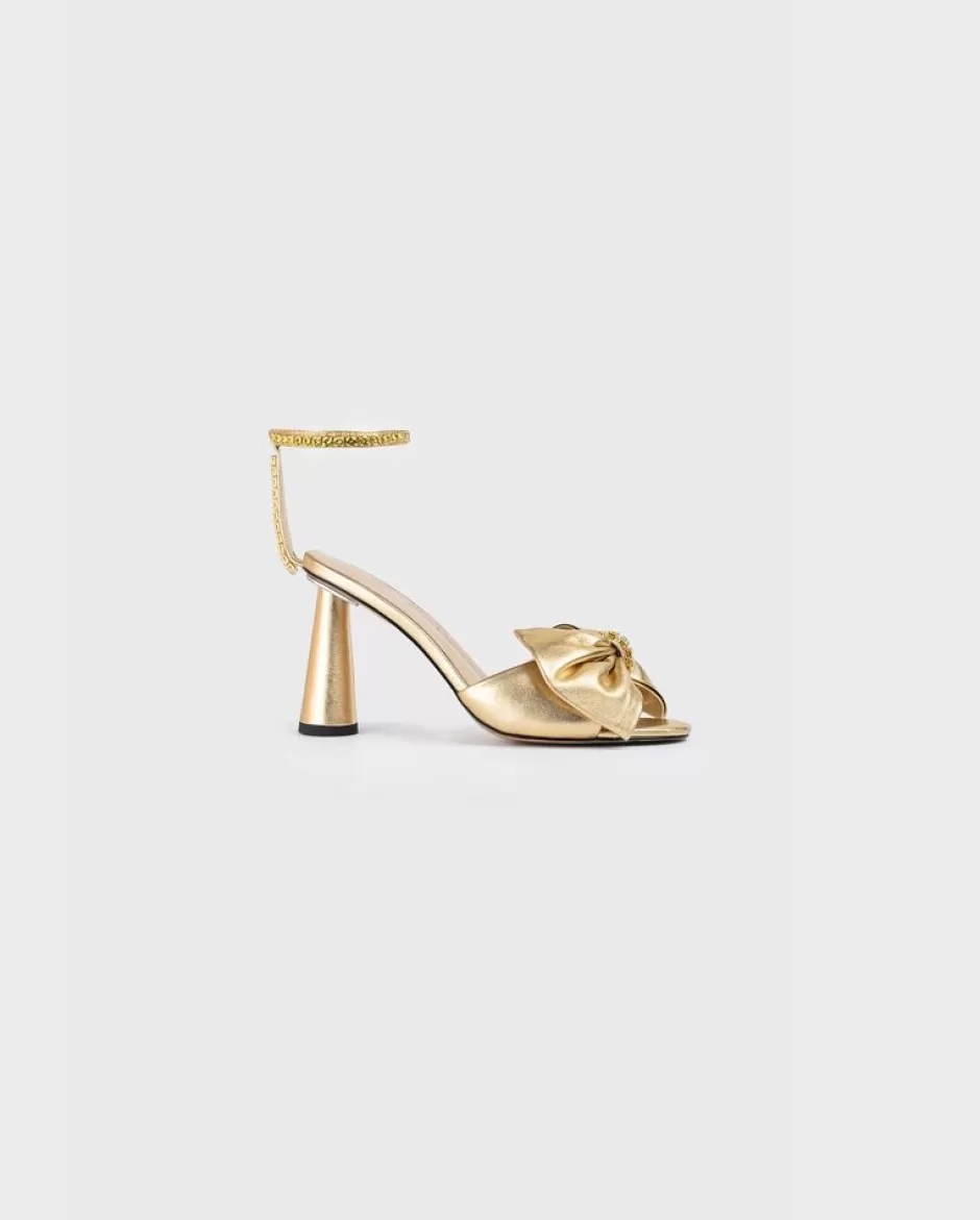 Anne Fontaine Heels*Open Toe Heels With Ankle Straps & Crystal Bow Gold