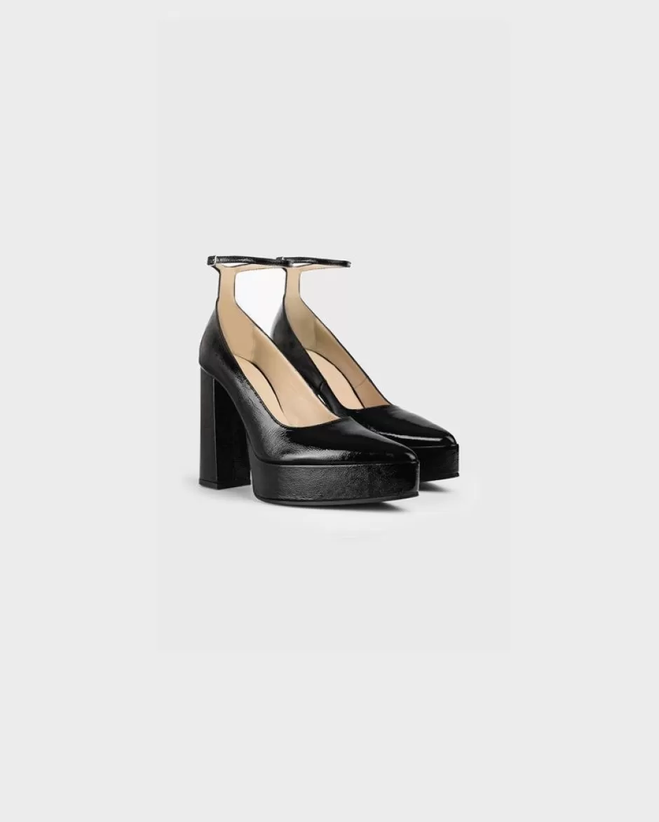 Anne Fontaine Heels*Patent Leather Shoes With Ankle Straps & Chunky Heels Black