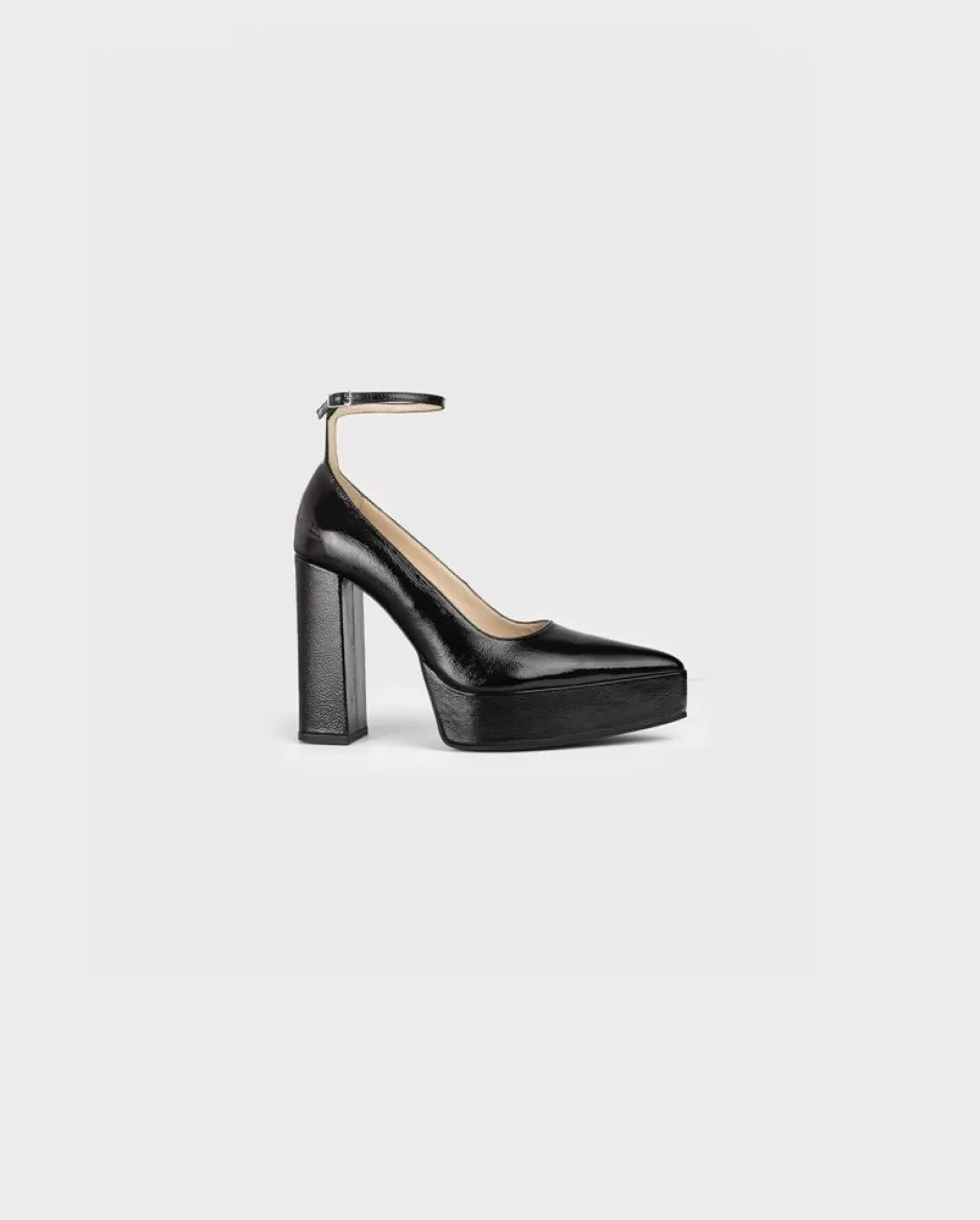 Anne Fontaine Heels*Patent Leather Shoes With Ankle Straps & Chunky Heels Black