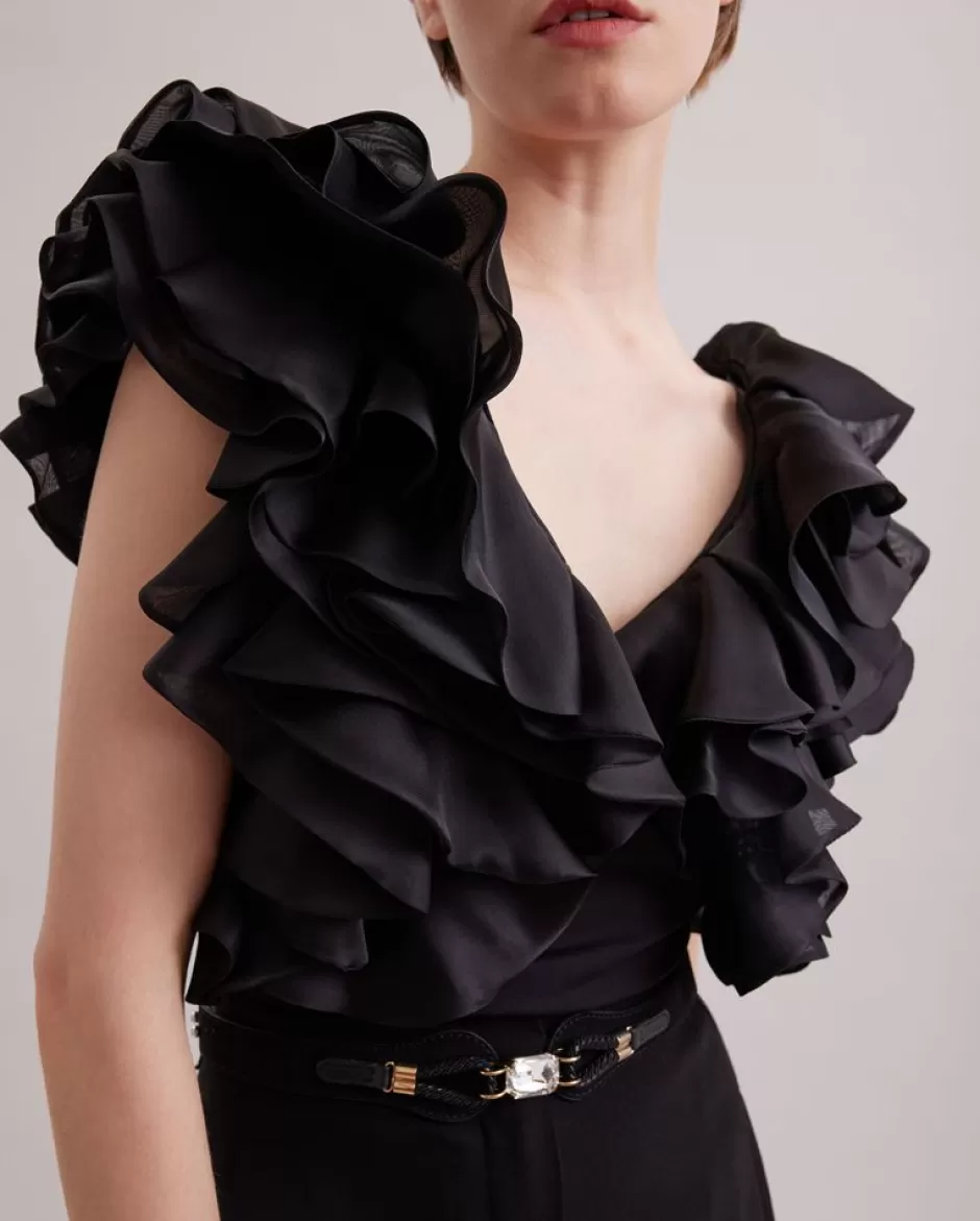 Anne Fontaine Shirts & Blouses*Pima Cotton Top With Flounced Organza Sleeves Black