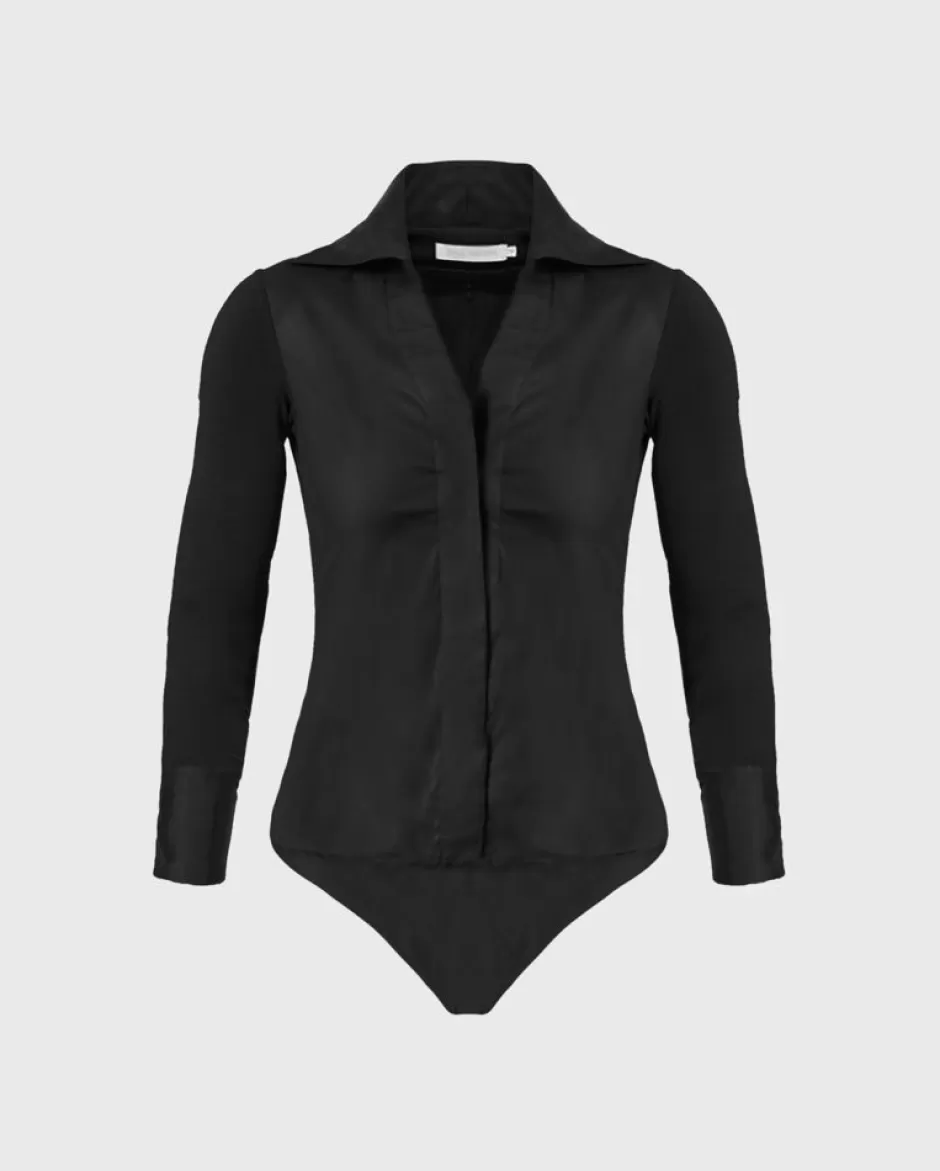 Anne Fontaine Shirts & Blouses*Poplin And Jersey Bodysuit With Large Point Collar Black