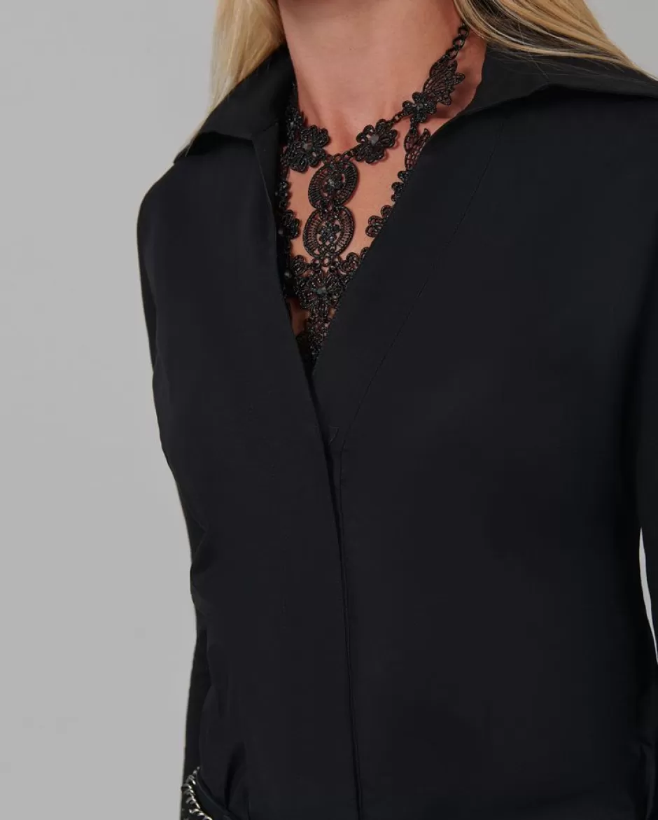 Anne Fontaine Shirts & Blouses*Poplin And Jersey Bodysuit With Large Point Collar Black