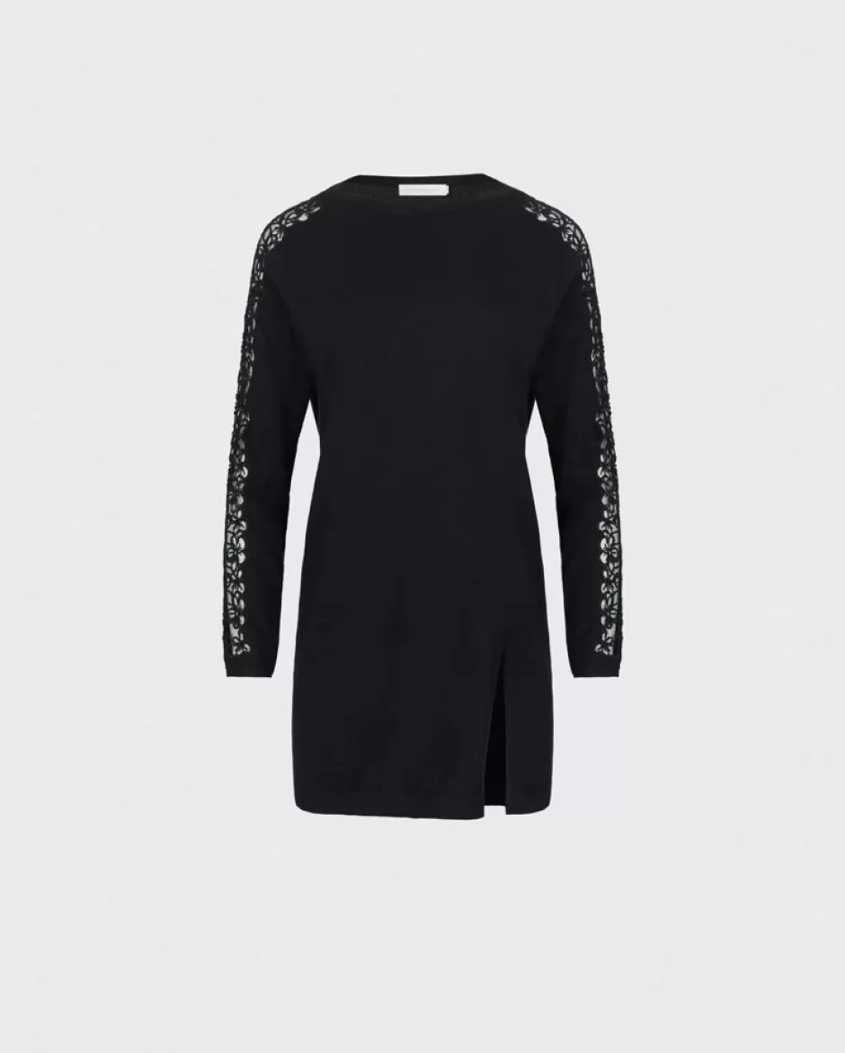 Anne Fontaine Dresses*Pullover Knit Tunic With Floral Lace Detailing And Front Overlap Slit Black