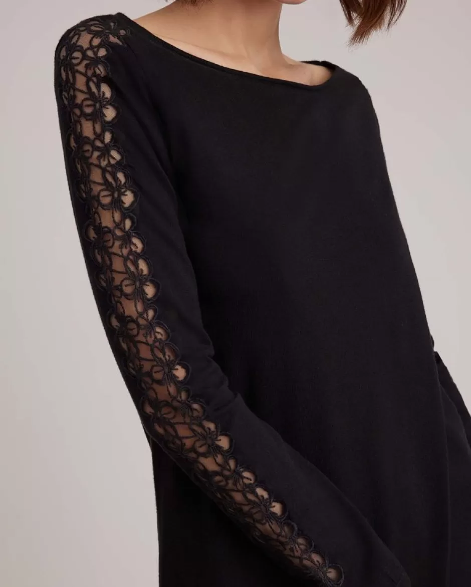 Anne Fontaine Dresses*Pullover Knit Tunic With Floral Lace Detailing And Front Overlap Slit Black