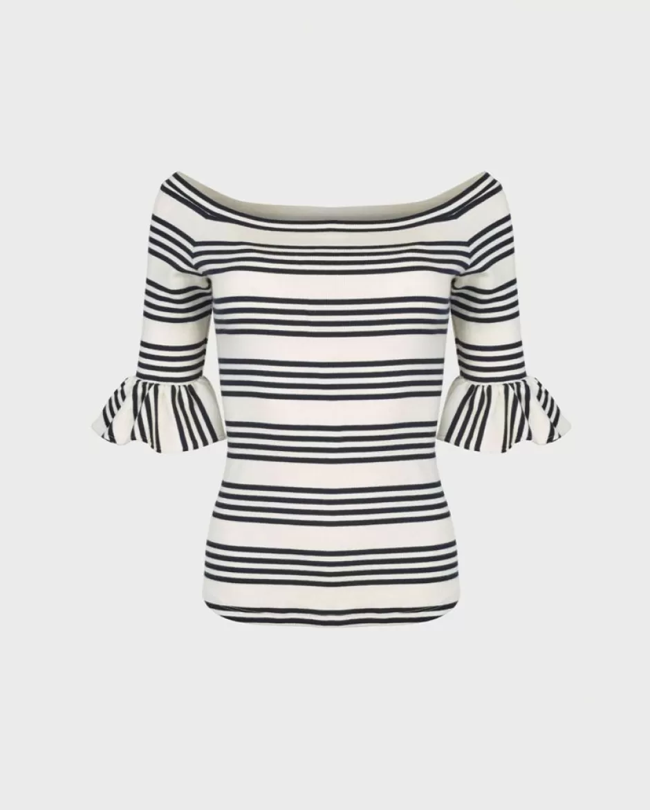 Anne Fontaine Knitwear*Pullover Navy Striped Knit With 3/4 Sleeves White