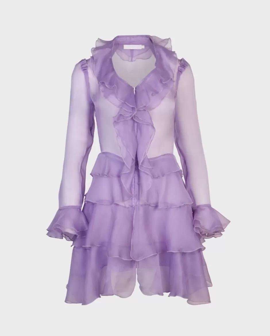 Anne Fontaine Dresses*Purple Long Sleeve Silk Organza Shirt Dress With Ruffle Details Parme