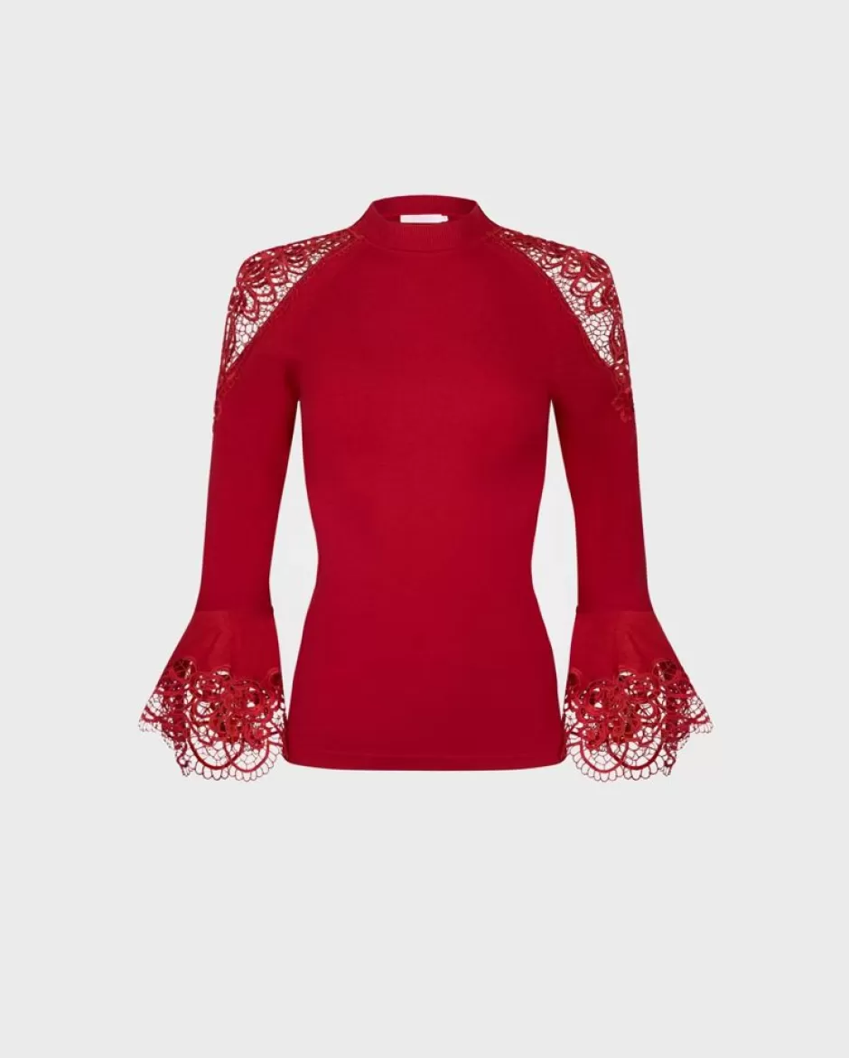 Anne Fontaine Knitwear*Red Knit Jumper With Bell Sleeves & Floral Lace Details Tango Red