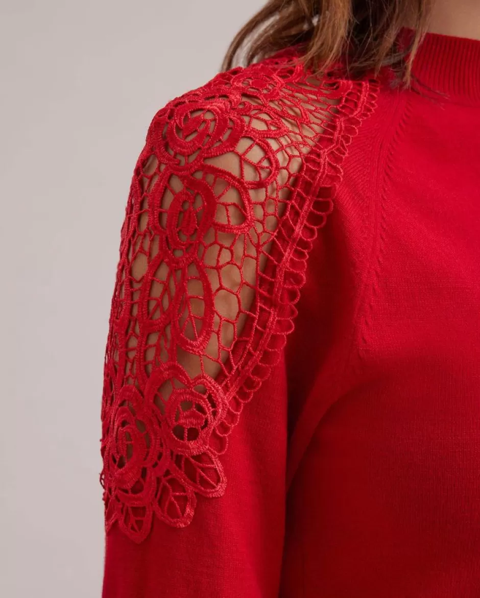 Anne Fontaine Knitwear*Red Knit Jumper With Bell Sleeves & Floral Lace Details Tango Red