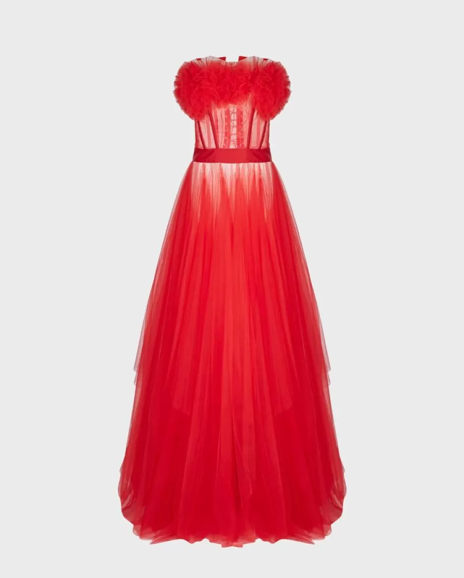 Anne Fontaine Dresses*Red Long Corset Tulle Dress, Strapless With A Satin Waistband Poppy Red