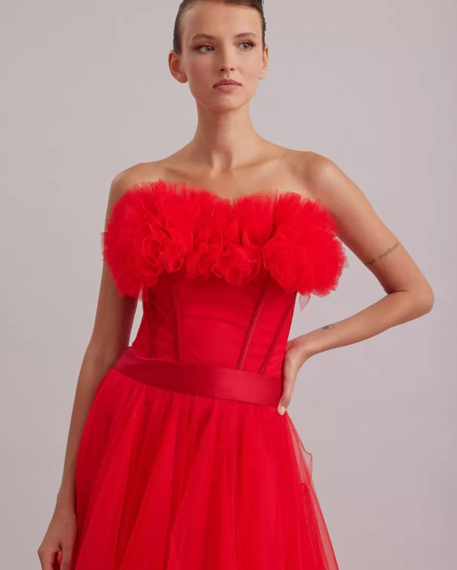 Anne Fontaine Dresses*Red Long Corset Tulle Dress, Strapless With A Satin Waistband Poppy Red