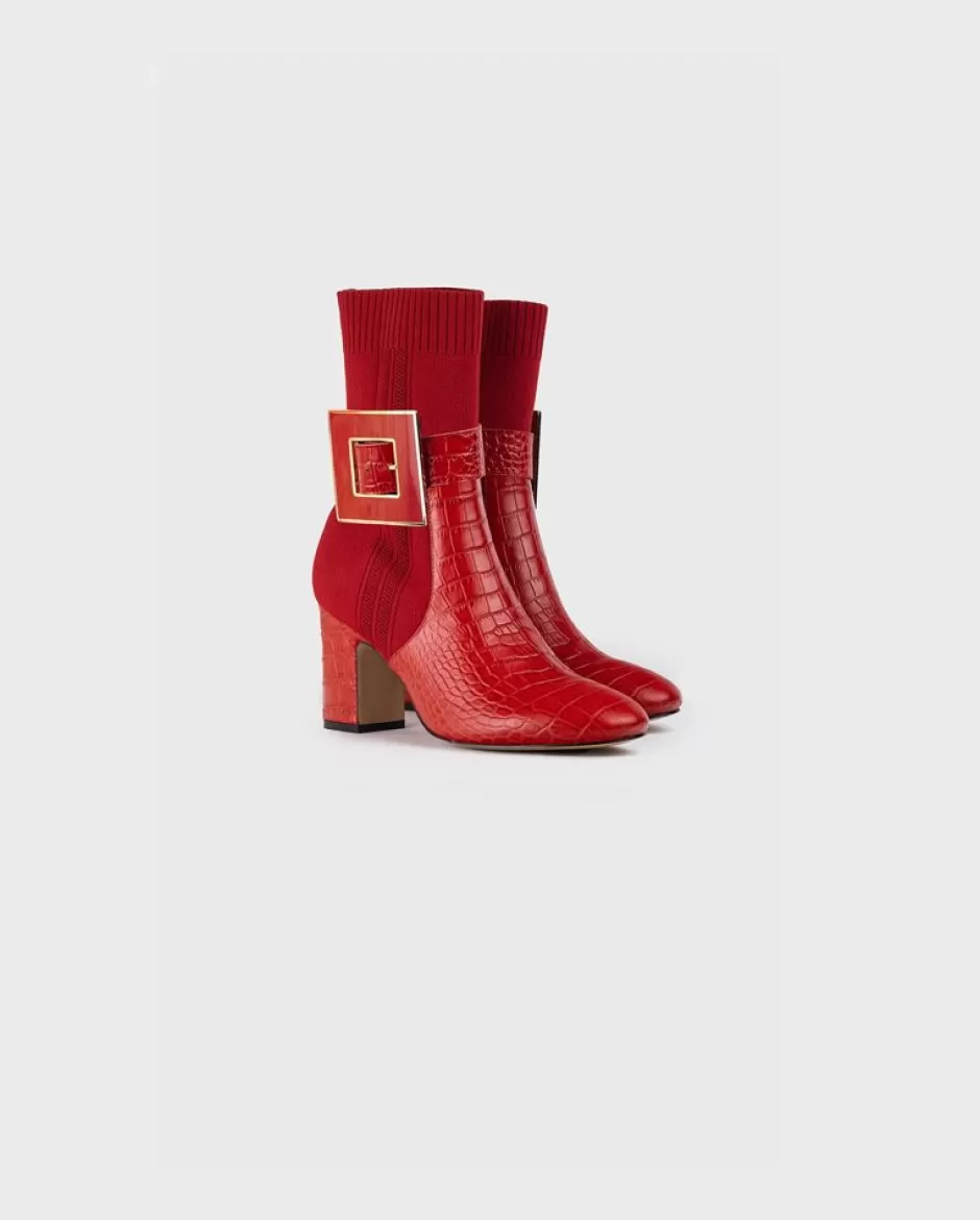 Anne Fontaine Boots*Red Sock Croc-Embossed Boots With Removable Buckle Poppy Red