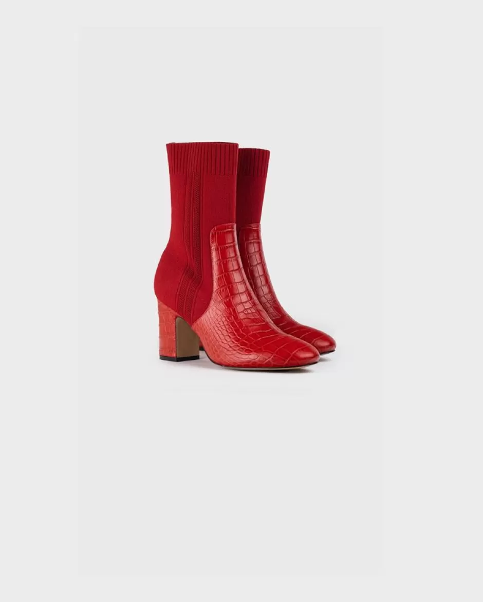 Anne Fontaine Boots*Red Sock Croc-Embossed Boots With Removable Buckle ...