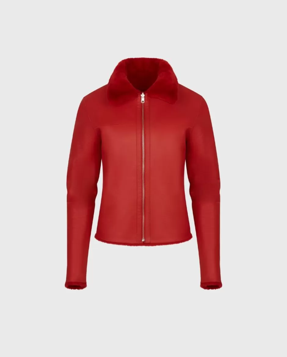 Anne Fontaine Jackets & Coats*Reversible Shearling And Leather Jacket With Classic Collar Red